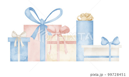 Gift Boxes with ribbons in pastel blue and pink colors. Hand drawn watercolor illustration with Presents on isolated background. Horizontal composition for happy birthday greeting cards or invitations Gift Boxes with ribbons in pastel blue and pink colors. Hand drawn watercolor illustration with Presents on isolated background. Horizontal composition for happy birthday greeting cards or invitations 99728451