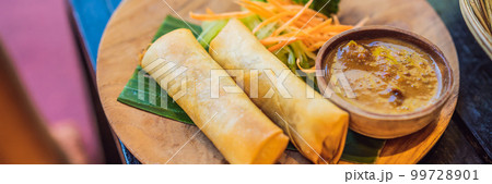 Fried spring rolls served with salad and sauce. Traditional Indonesian and Asian dish BANNER, LONG FORMAT Fried spring rolls served with salad and sauce. Traditional Indonesian and Asian dish BANNER, LONG FORMAT 99728901