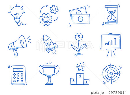 Hand drawn business icon set. Finance, money, investment icon sketch doodle blue pen stroke style. Business money, calculator, megaphone element. Vector 99729014