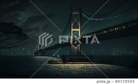 NightOverlook of TokyoGoogle Maps, bridge, sea, water splashes, 99729503