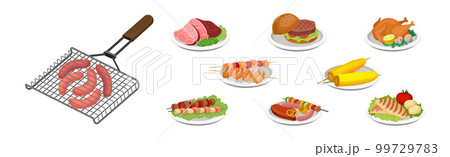 Barbecue Food with Grilled Meat and Vegetables on Plate Vector Set 99729783