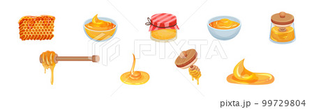 Honey with Dipper and Honeycomb with Sticky Golden Nectar Vector Set Honey with Dipper and Honeycomb with Sticky Golden Nectar Vector Set 99729804