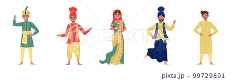 Indian Man and Woman Wearing National Clothes Vector Set Indian Man and Woman Wearing National Clothes Vector Set 99729891