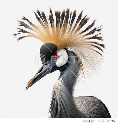 Crowned crane Balearica regulorum isolated on white close-up, beautiful unusual bird	 99730195