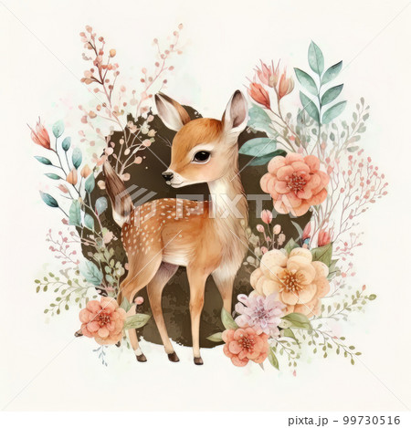 Watercolor forest cartoon isolated cute baby deer animal. Illustration AI Generative 99730516