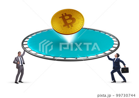 Monetary concept with cryptocurrency bouncing off the trampoline Monetary concept with cryptocurrency bouncing off the trampoline 99730744