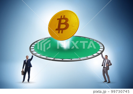 Monetary concept with cryptocurrency bouncing off the trampoline Monetary concept with cryptocurrency bouncing off the trampoline 99730745