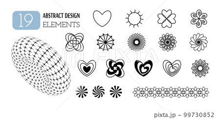 Set of vector abstract geometric shapes. Aesthetics of Y2K. Trendy minimalist design elements, patterns, futuristic figures, 3d objects, hearts. 99730852