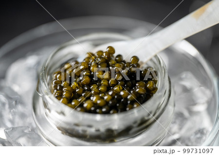 black caviar on ice with pearl spoon 99731097