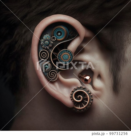 Creative unusual piercing in the ear close-up, for advertising piercing salons, beauty salons 99731256