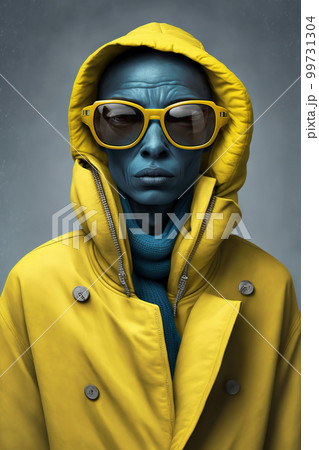 Alien humanoid wearing trendy yellow raincoat...のイラスト素材