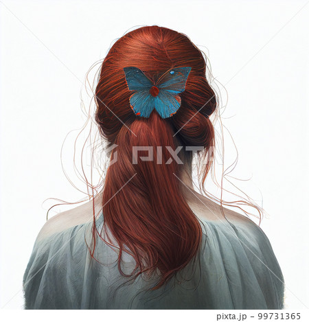 Girl with long red hair, decorated with hairpin in form of large blue morpho butterfly, viewed from the back, on white background Girl with long red hair, decorated with hairpin in form of large blue morpho butterfly, viewed from the back, on white background 99731365