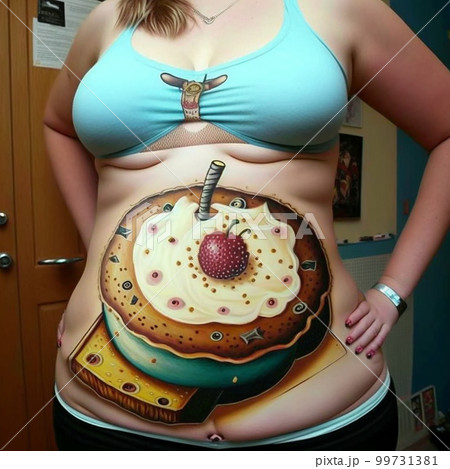 Tattoo in the form of hamburger on a fat belly. Funny illustration, healthy lifestyle concept 99731381