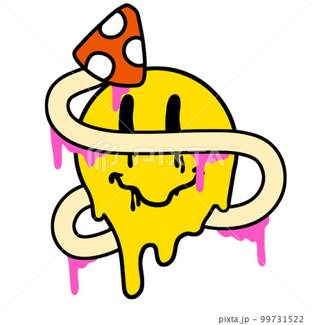 Acid smile face. Melted rave and techno symbol of 90s. Crazy mushroom 99731522