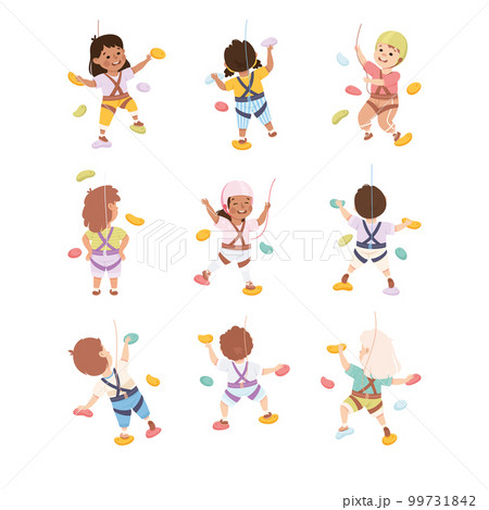 Happy Kids Climbing Wall Crawling Up Equipped with Rope Vector Set 99731842