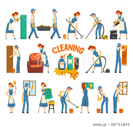Cleaning Company Staff in Uniform Working with Equipment Washing House Big Vector Set 99731843