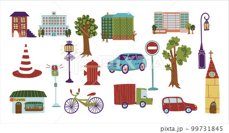 Set of city street urban objects. Public building, truck, car, lamp post, road sign and trees cartoon vector illustration Set of city street urban objects. Public building, truck, car, lamp post, road sign and trees cartoon vector illustration 99731845