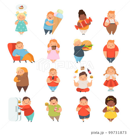 Overweight children eating junk food set. Harmful food, obesity problem cartoon vector illustration 99731873