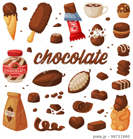 Chocolate products set. Chocolate desserts, sweets, drinks and pastry food ingredients cartoon vector illustration 99731960