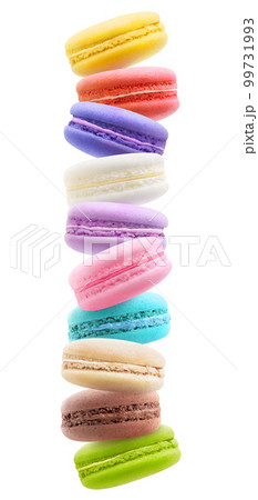 Multicolored macaroons levitation, isolated on white background 99731993
