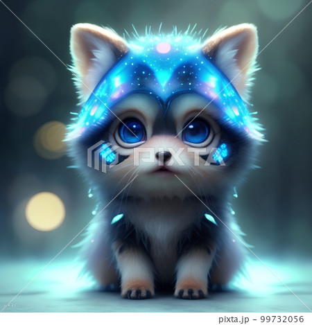 Little cute fluffy kitten with big blue eyes in forest and a glowing headpiece 99732056