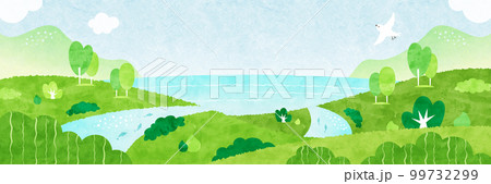 川と海と山の風景 自然あふれる水彩背景イラスト 99732299