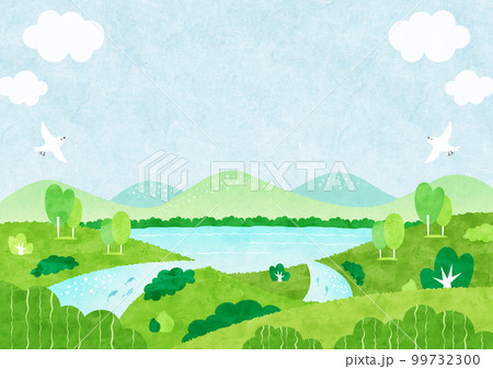 川と山と海の風景 自然あふれる水彩背景イラスト 99732300