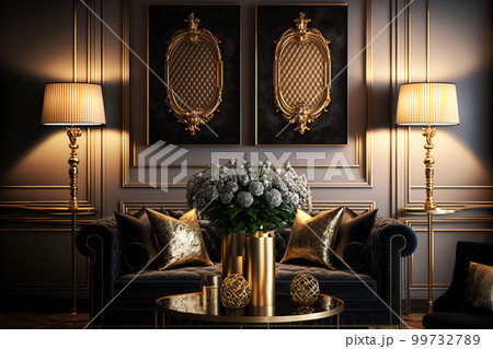 Art Deco living room with golden decorations. Interior design 99732789
