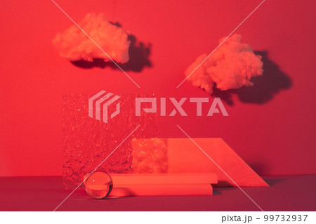 Abstract modern product showcase, minimalist style. Stone glass podiums, red background with clouds 99732937