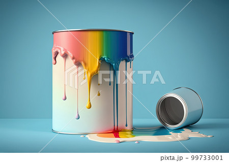 Colorful rainbow liquid paint splash over paint can on blue background. Abstract paint texture background, copy space. AI 99733001