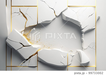 White and gold kintsugi style product display wall in traditional Japanese art of broken pottery with cracked lines. AI White and gold kintsugi style product display wall in traditional Japanese art of broken pottery with cracked lines. AI 99733002
