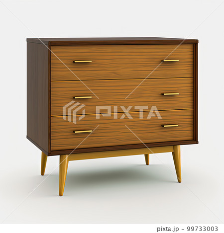 Mid century wood drawer on white background. Mid-century interior with retro stylized modern furniture. AI 99733003