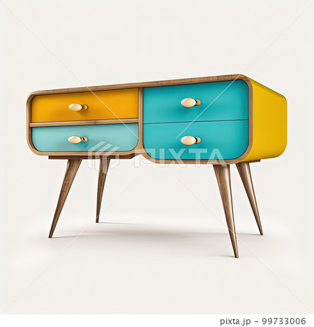 Mid century wood console table or drawer on white background. Mid-century interior with retro stylized modern furniture. AI Mid century wood console table or drawer on white background. Mid-century interior with retro stylized modern furniture. AI 99733006