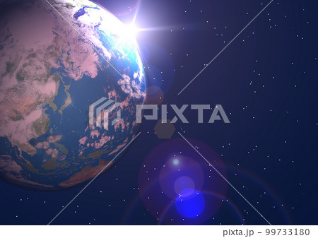 地球　日本　ブルー　夜明け前　太陽　朝陽　ゴースト　背景に星アリ(3DCGイメージ) 99733180