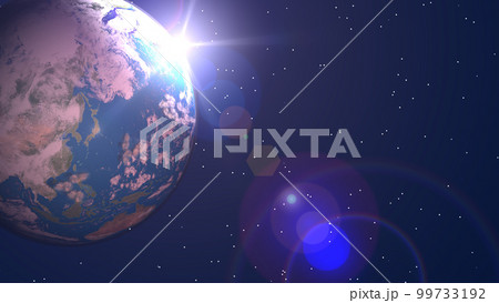 地球 日本 ブルー 夜明け前 太陽 朝陽 ゴースト ワイド 背景に星アリ(3DCGイメージ) 地球 日本 ブルー 夜明け前 太陽 朝陽 ゴースト ワイド 背景に星アリ(3DCGイメージ) 99733192