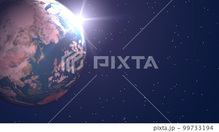 地球　日本　ブルー　夜明け前　太陽　朝陽　ワイド　背景に星アリ(3DCGイメージ) 99733194