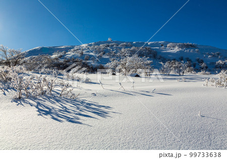 霧ケ峰の雪原から樹氷と雪の車山 99733638