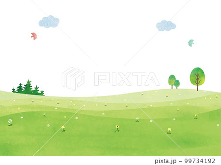 爽やかな草原の丘と木のシンプルな風景水彩画 99734192