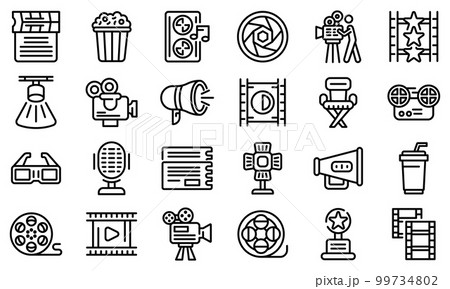 Cinematographer icons set. Outline set of cinematographer vector icons for web design isolated on white background Cinematographer icons set. Outline set of cinematographer vector icons for web design isolated on white background 99734802