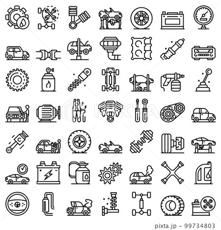 Car mechanic icons set. Outline set of car mechanic vector icons for web design isolated on white background Car mechanic icons set. Outline set of car mechanic vector icons for web design isolated on white background 99734803