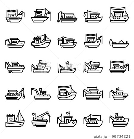 Fishing boat icons set. Outline set of fishing boat vector icons for web design isolated on white background 99734821