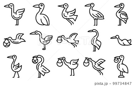 Stork icons set. Outline set of stork vector icons for web design isolated on white background 99734847