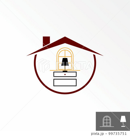 Simple roof house or home with window, table or sideboard, ladder, and lamp image graphic icon logo design abstract concept vector stock. Can be used as a symbol related to property or interior 99735751