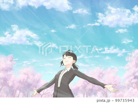 深呼吸する新社会人_桜あり 99735943