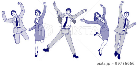 ジャンプするサラリーマン男性とビジネスウーマン女性の成功イメージ  男女の全身正面のイラスト 99736666