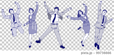 ジャンプするサラリーマン男性とビジネスウーマン女性の成功イメージ  男女の全身正面のイラスト 99736666