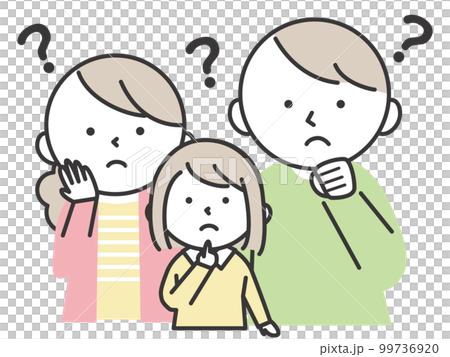 A girl and her parents with a troubled expression with a question mark on their head A girl and her parents with a troubled expression with a question mark on their head 99736920