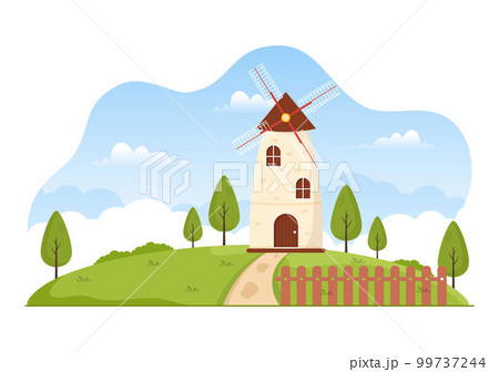 Bread Mill Illustration with Wheat Sacks, Various Breads and Windmill for Web Banner or Landing Page in Flat Cartoon Hand Drawn Templates 99737244