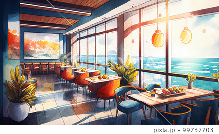 海の見える観光地のレストラン　水彩イラスト　建築パース　AI画像 99737703
