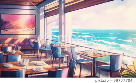 海の見える観光地のレストラン　水彩イラスト　建築パース　AI画像 99737704